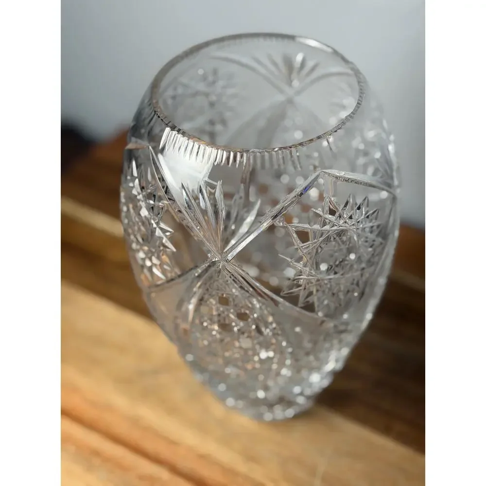 Vintage Hand Cut Crystal Vase, American Brilliant Hobstar Fan Pattern